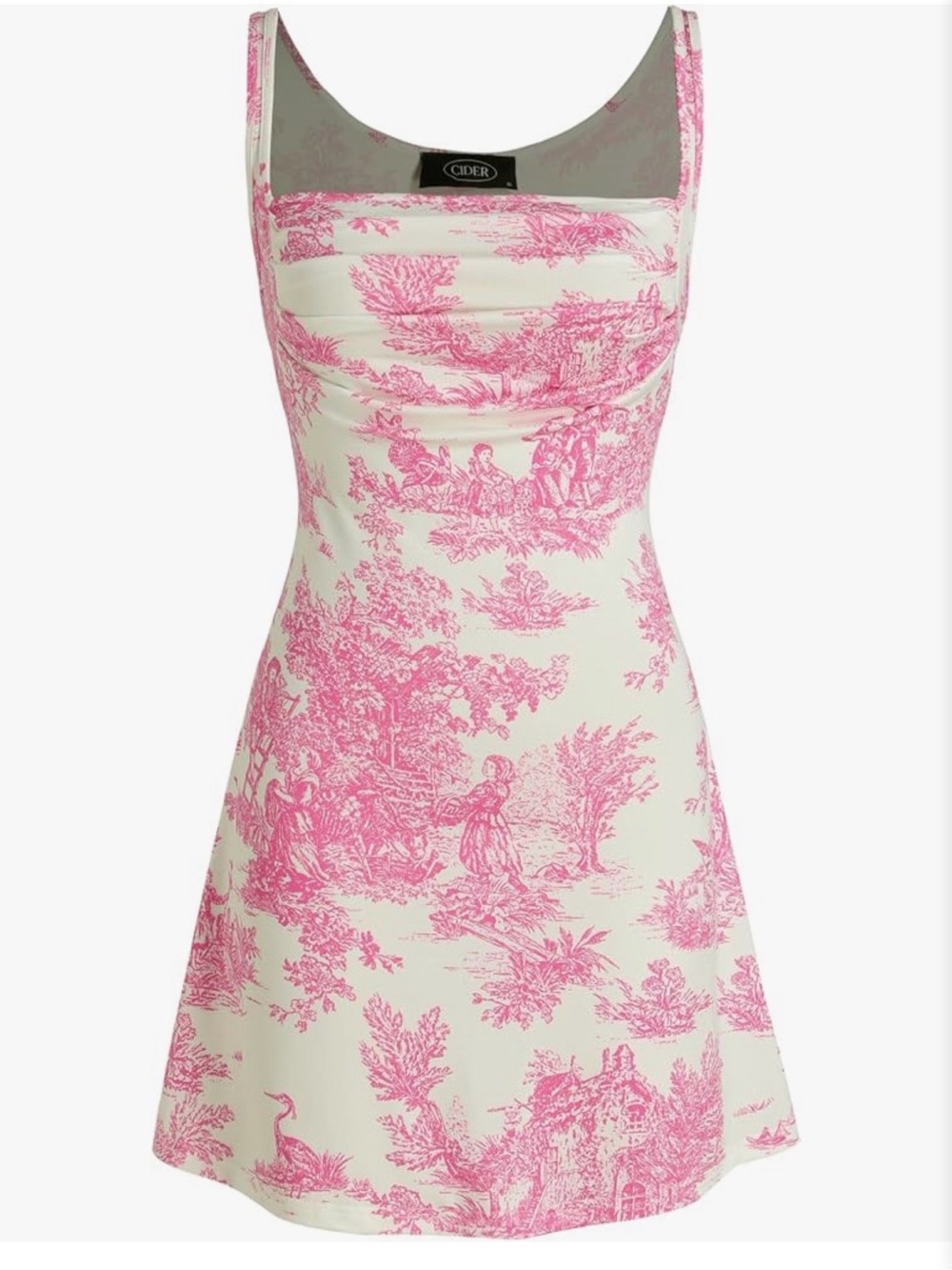 Cider Cream & Pink Toile Square-Neck Mini Dress